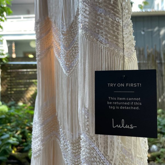 NWT Lulus White Sequin Fringe Midi Dress XS Art Deco Square Neckline with Straps - Picture 14 of 14